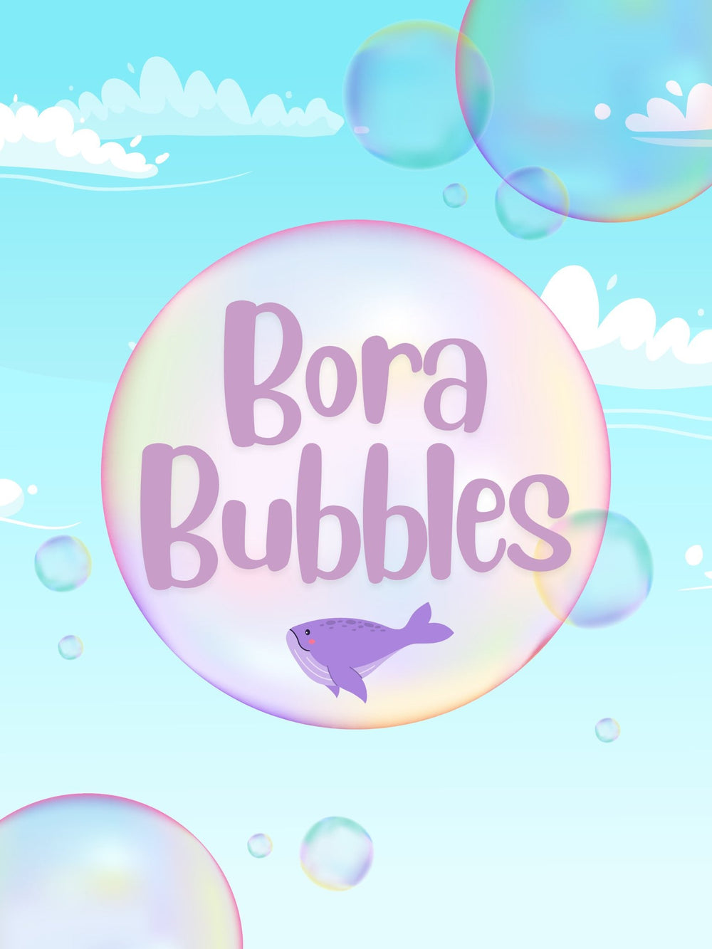 Illustration de la collection Bora Bubbles avec des bulles irisées et une petite baleine mauve